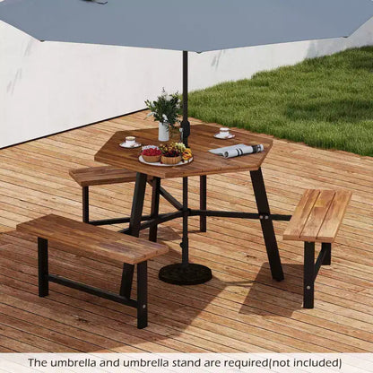 Table et bancs de pique-nique 6 personnes en bois d'acacia avec 3 sièges, trou pour parasol et cadre en métal – Sanzelize Design