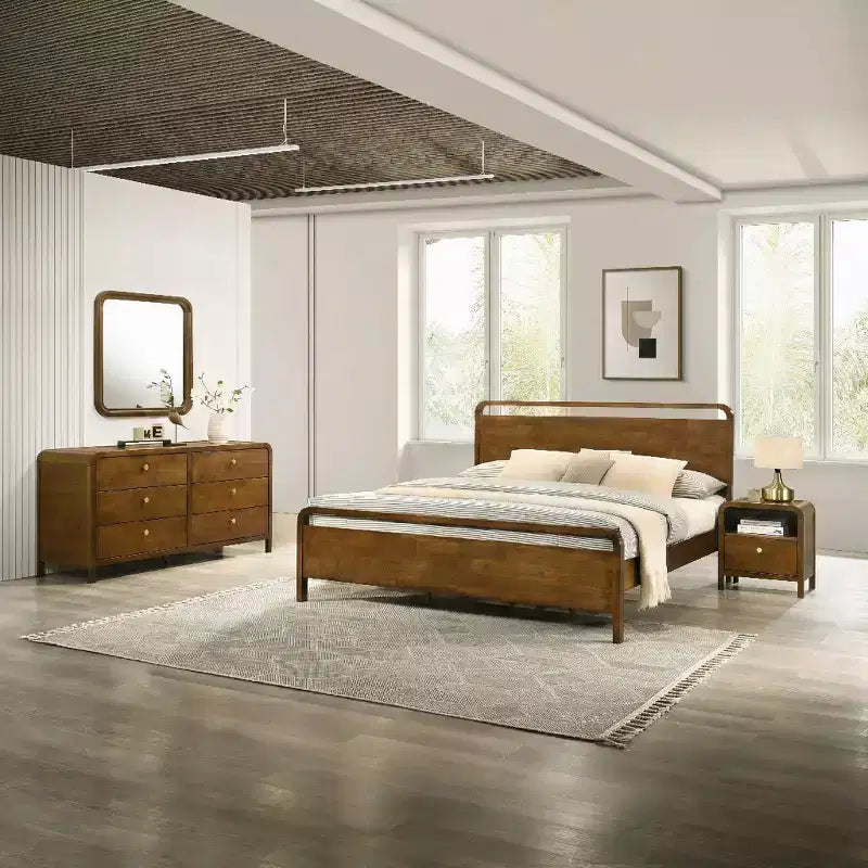 Ensemble de chambre à coucher Eldren en bois, lit plateforme avec commode, miroir et table de chevet au fini noyer – Sanzelize Design