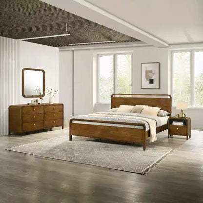Ensemble de chambre à coucher Eldren en bois, lit plateforme avec commode, miroir et table de chevet au fini noyer – Sanzelize Design