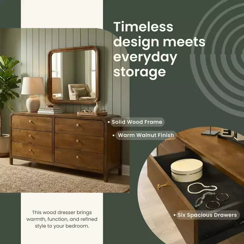 Ensemble de chambre à coucher Eldren en bois, lit plateforme avec commode, miroir et table de chevet au fini noyer – Sanzelize Design