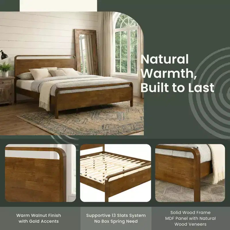 Ensemble de chambre à coucher Eldren en bois, lit plateforme avec commode, miroir et table de chevet au fini noyer – Sanzelize Design