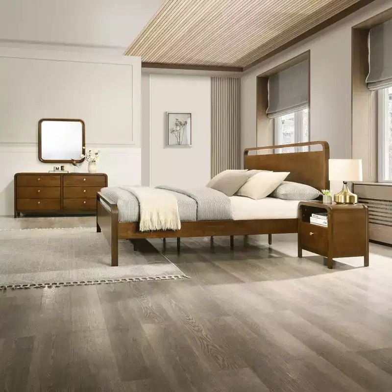 Ensemble de chambre à coucher Eldren en bois, lit plateforme avec commode, miroir et table de chevet au fini noyer – Sanzelize Design