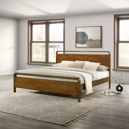 Ensemble de chambre à coucher Eldren en bois, lit plateforme avec commode, miroir et table de chevet au fini noyer – Sanzelize Design