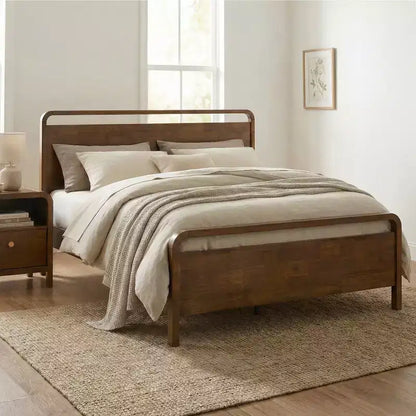 Ensemble de chambre à coucher Eldren en bois, lit plateforme avec commode, miroir et table de chevet au fini noyer – Sanzelize Design