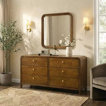 Ensemble de chambre à coucher Eldren en bois, lit plateforme avec commode, miroir et table de chevet au fini noyer – Sanzelize Design