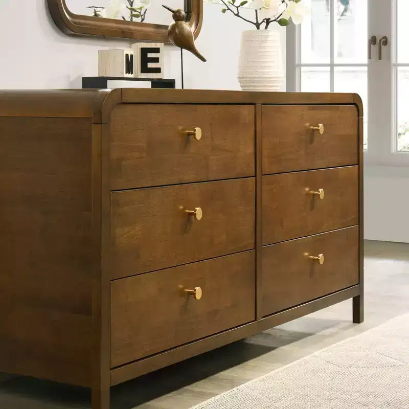 Ensemble de chambre à coucher Eldren en bois, lit plateforme avec commode, miroir et table de chevet au fini noyer – Sanzelize Design