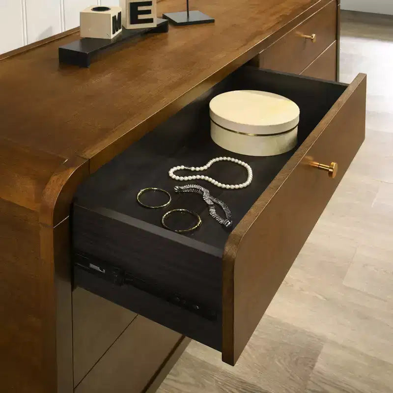 Ensemble de chambre à coucher Eldren en bois, lit plateforme avec commode, miroir et table de chevet au fini noyer – Sanzelize Design