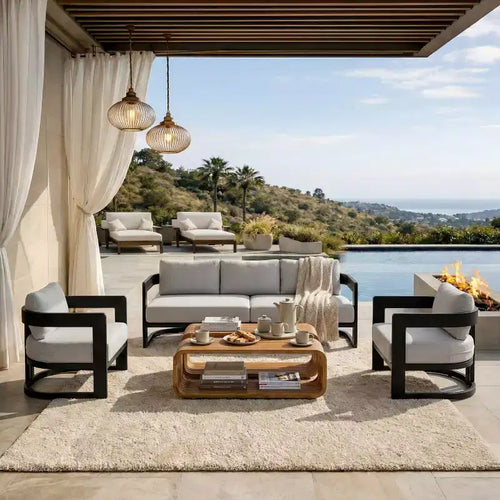 Melow Ensemble de salon de jardin moderne 5 pièces en aluminium avec tables basses en bois d'acacia – Sanzelize Design