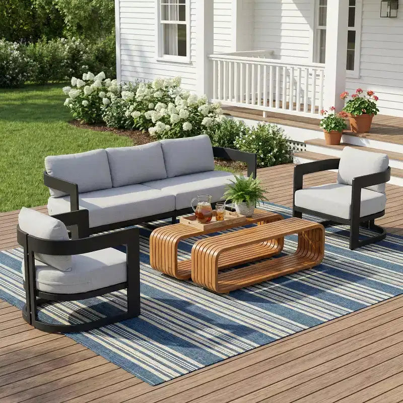 Melow Ensemble de salon de jardin moderne 5 pièces en aluminium avec tables basses en bois d'acacia – Sanzelize Design