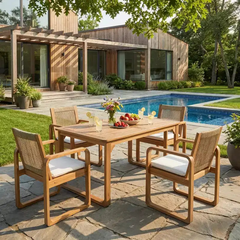 Ensemble de salle à manger d'extérieur 5/7 pièces, table en bois d'acacia 180 cm avec coussins + 6 chaises de salle à – Sanzelize Design