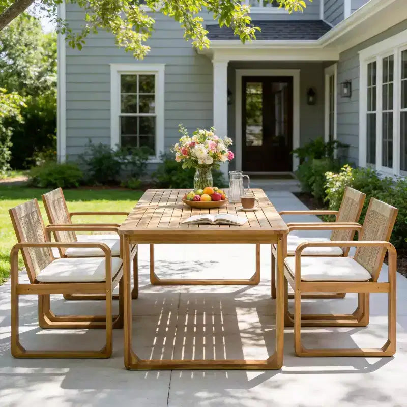 Ensemble de salle à manger d'extérieur 5/7 pièces, table en bois d'acacia 180 cm avec coussins + 6 chaises de salle à – Sanzelize Design