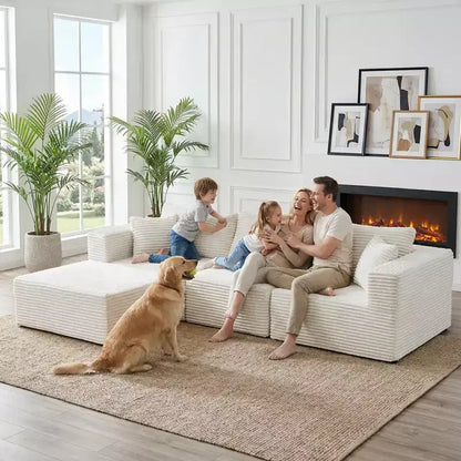 Grand canapé d'angle modulaire avec méridienne, velours côtelé de qualité supérieure, adapté aux animaux, blanc ivoire – Sanzelize Design