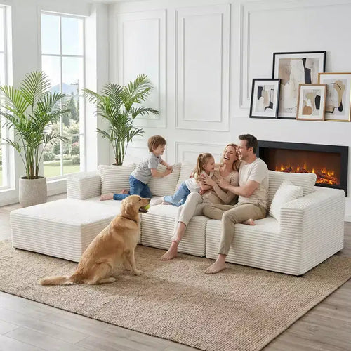 Grand canapé d'angle modulaire avec méridienne, velours côtelé de qualité supérieure, adapté aux animaux, blanc ivoire – Sanzelize Design