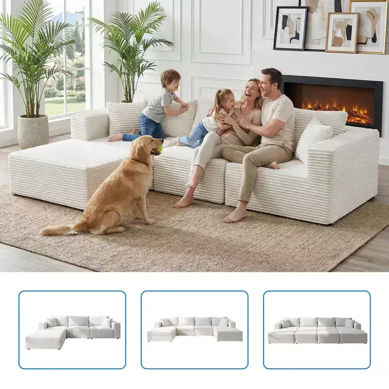 Grand canapé d'angle modulaire avec méridienne, velours côtelé de qualité supérieure, adapté aux animaux, blanc ivoire – Sanzelize Design