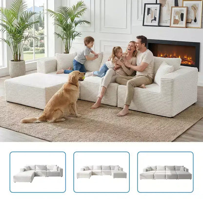 Grand canapé d'angle modulaire avec méridienne, velours côtelé de qualité supérieure, adapté aux animaux, blanc ivoire – Sanzelize Design