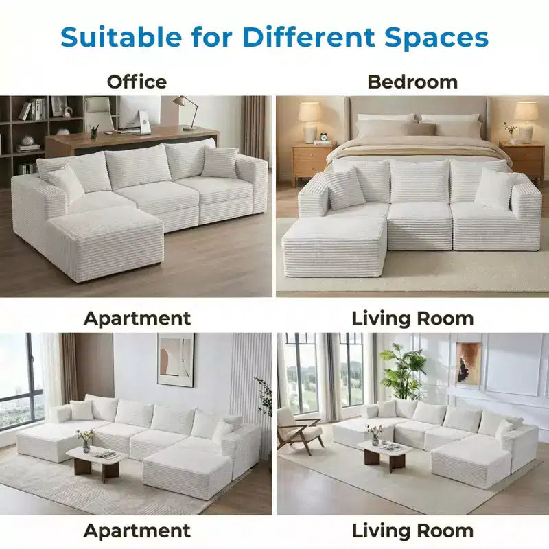 Grand canapé d'angle modulaire avec méridienne, velours côtelé de qualité supérieure, adapté aux animaux, blanc ivoire – Sanzelize Design