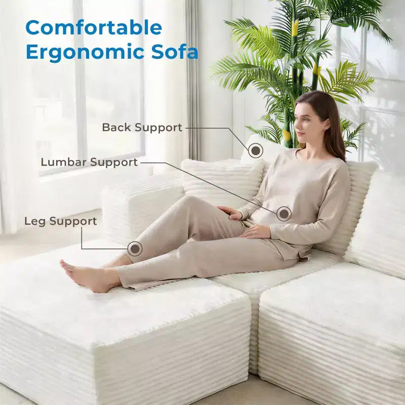 Grand canapé d'angle modulaire avec méridienne, velours côtelé de qualité supérieure, adapté aux animaux, blanc ivoire – Sanzelize Design
