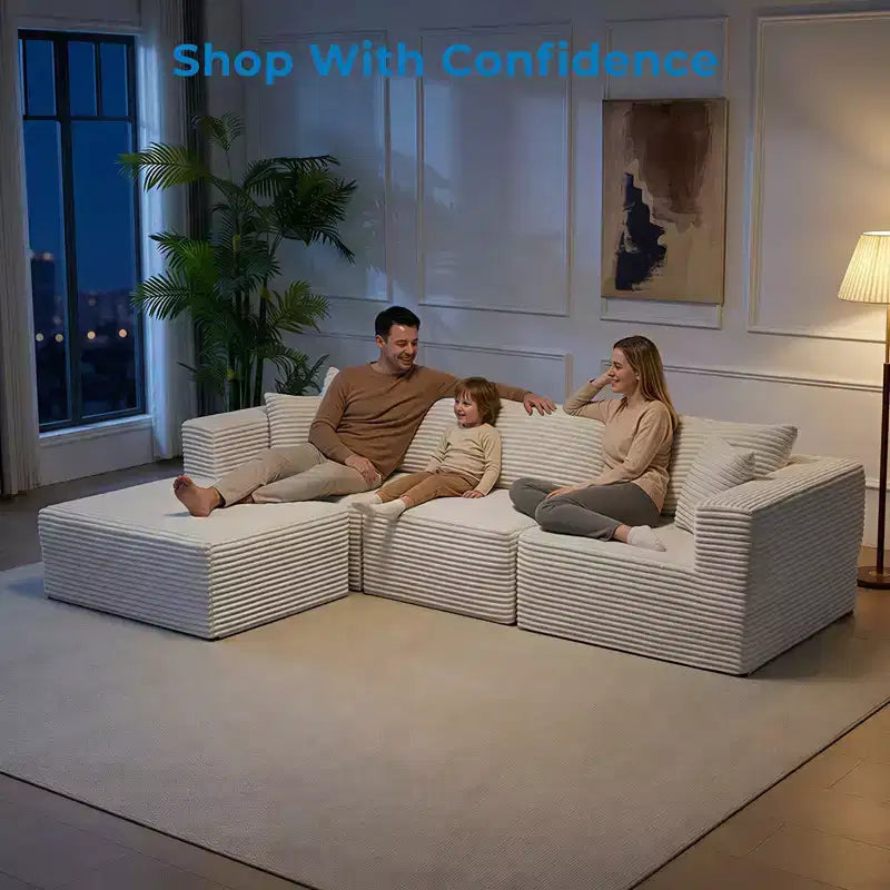 Grand canapé d'angle modulaire avec méridienne, velours côtelé de qualité supérieure, adapté aux animaux, blanc ivoire – Sanzelize Design