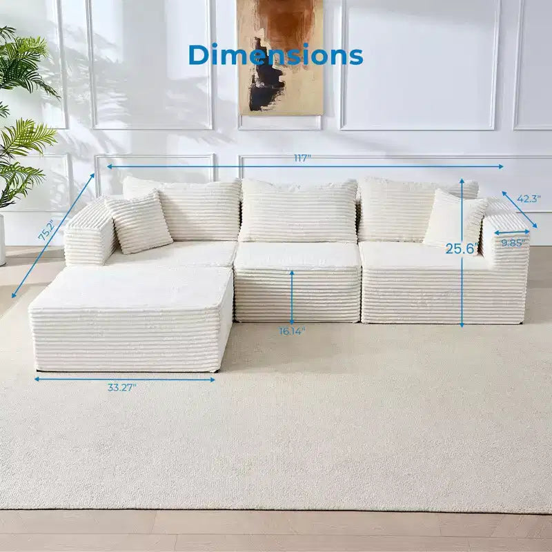 Grand canapé d'angle modulaire avec méridienne, velours côtelé de qualité supérieure, adapté aux animaux, blanc ivoire – Sanzelize Design