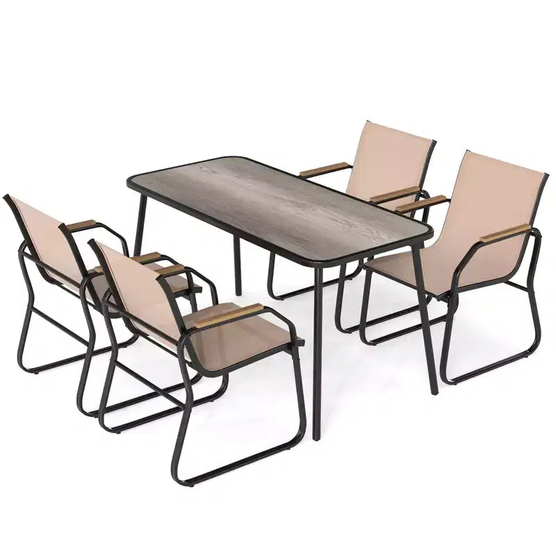 Ensemble de salle à manger de jardin 5 pièces avec accoudoirs aspect bois, cadre en métal durable et plateau DPC – Sanzelize Design