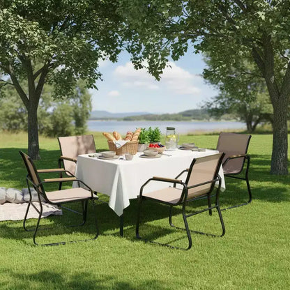 Ensemble de salle à manger de jardin 5 pièces avec accoudoirs aspect bois, cadre en métal durable et plateau DPC – Sanzelize Design