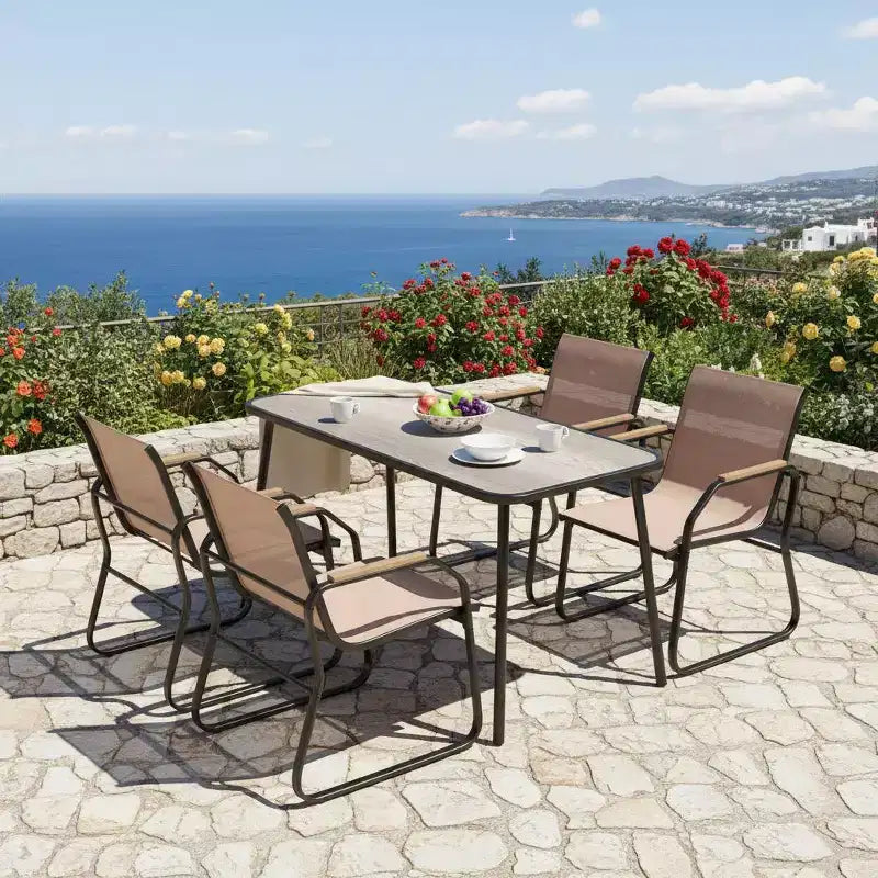 Ensemble de salle à manger de jardin 5 pièces avec accoudoirs aspect bois, cadre en métal durable et plateau DPC – Sanzelize Design