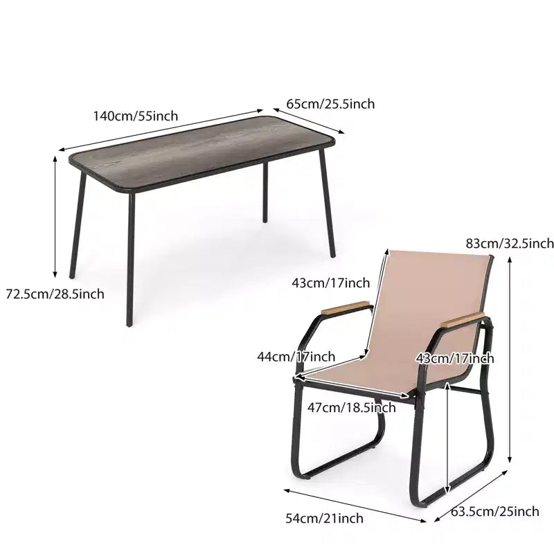 Ensemble de salle à manger de jardin 5 pièces avec accoudoirs aspect bois, cadre en métal durable et plateau DPC – Sanzelize Design