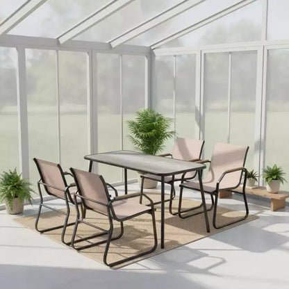 Ensemble de salle à manger de jardin 5 pièces avec accoudoirs aspect bois, cadre en métal durable et plateau DPC – Sanzelize Design