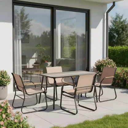 Ensemble de salle à manger de jardin 5 pièces avec accoudoirs aspect bois, cadre en métal durable et plateau DPC – Sanzelize Design