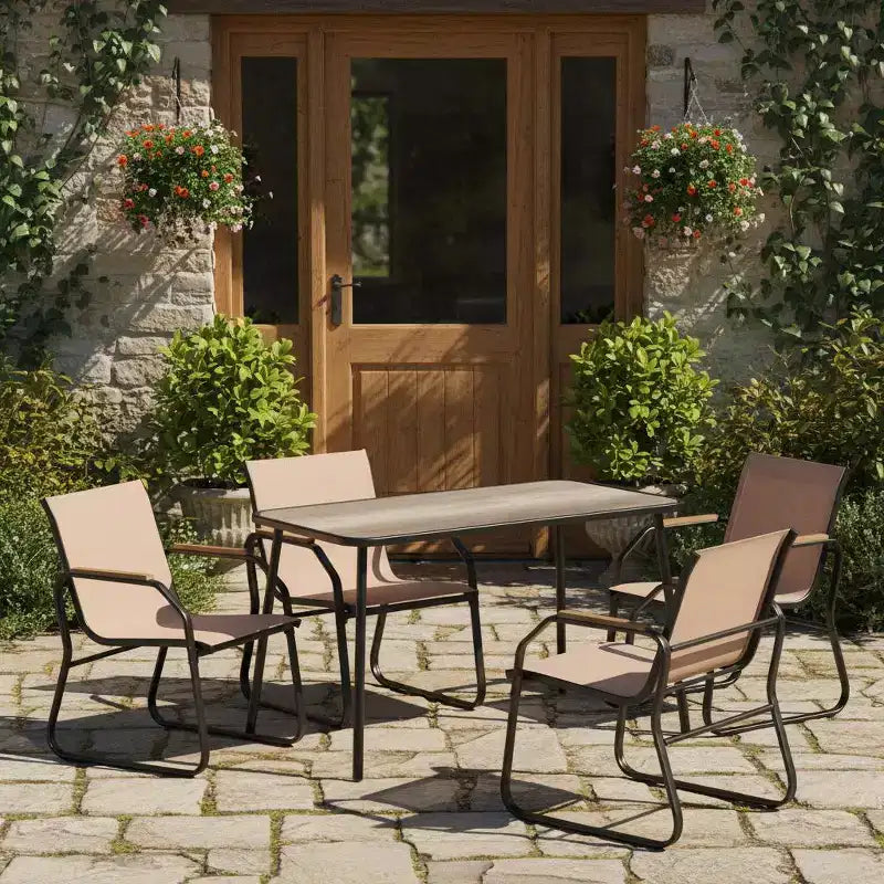 Ensemble de salle à manger de jardin 5 pièces avec accoudoirs aspect bois, cadre en métal durable et plateau DPC – Sanzelize Design