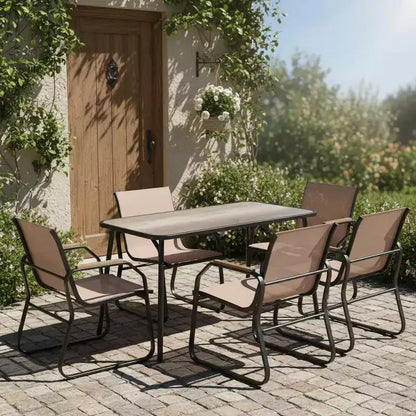 Ensemble de salle à manger de jardin 5 pièces avec accoudoirs aspect bois, cadre en métal durable et plateau DPC – Sanzelize Design
