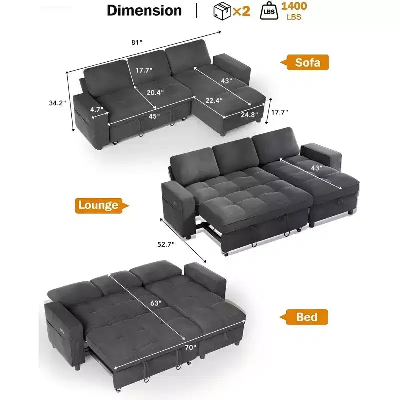 Canapé d'angle avec lit escamotable, méridienne de rangement, dossier réglable et port USB, chenille – Sanzelize Design