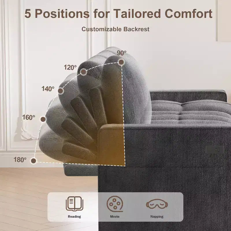 Canapé d'angle avec lit escamotable, méridienne de rangement, dossier réglable et port USB, chenille – Sanzelize Design