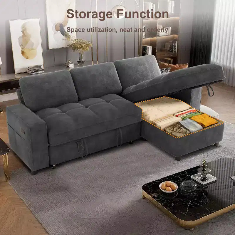 Canapé d'angle avec lit escamotable, méridienne de rangement, dossier réglable et port USB, chenille – Sanzelize Design