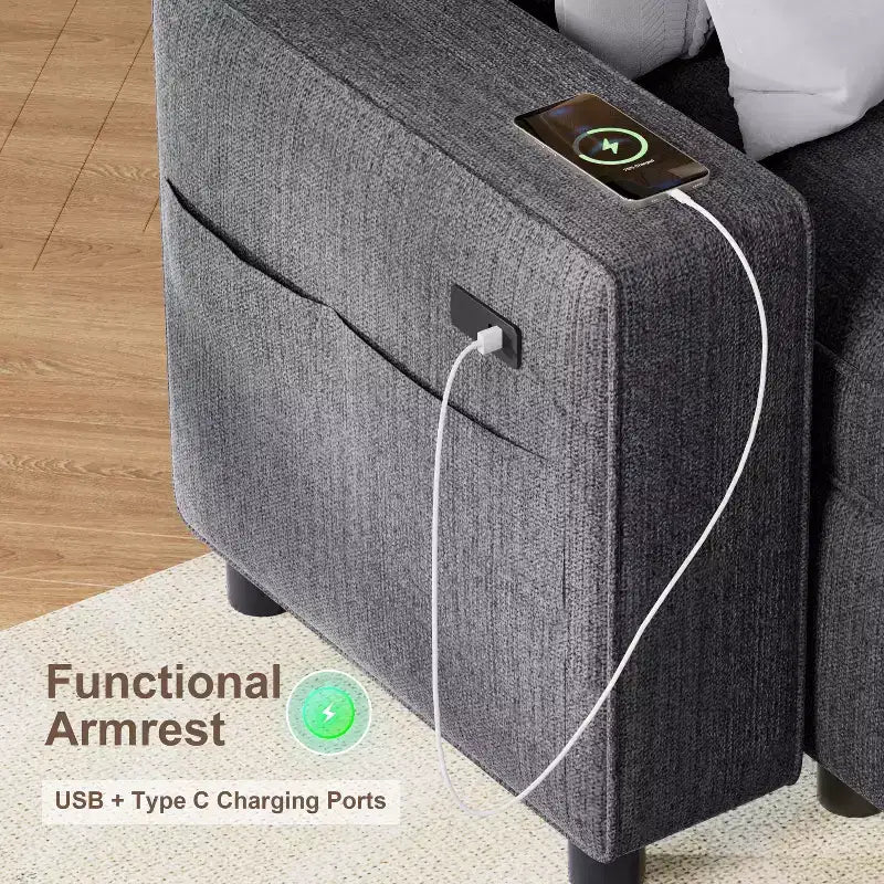 Canapé d'angle avec lit escamotable, méridienne de rangement, dossier réglable et port USB, chenille – Sanzelize Design