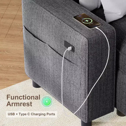 Canapé d'angle avec lit escamotable, méridienne de rangement, dossier réglable et port USB, chenille – Sanzelize Design