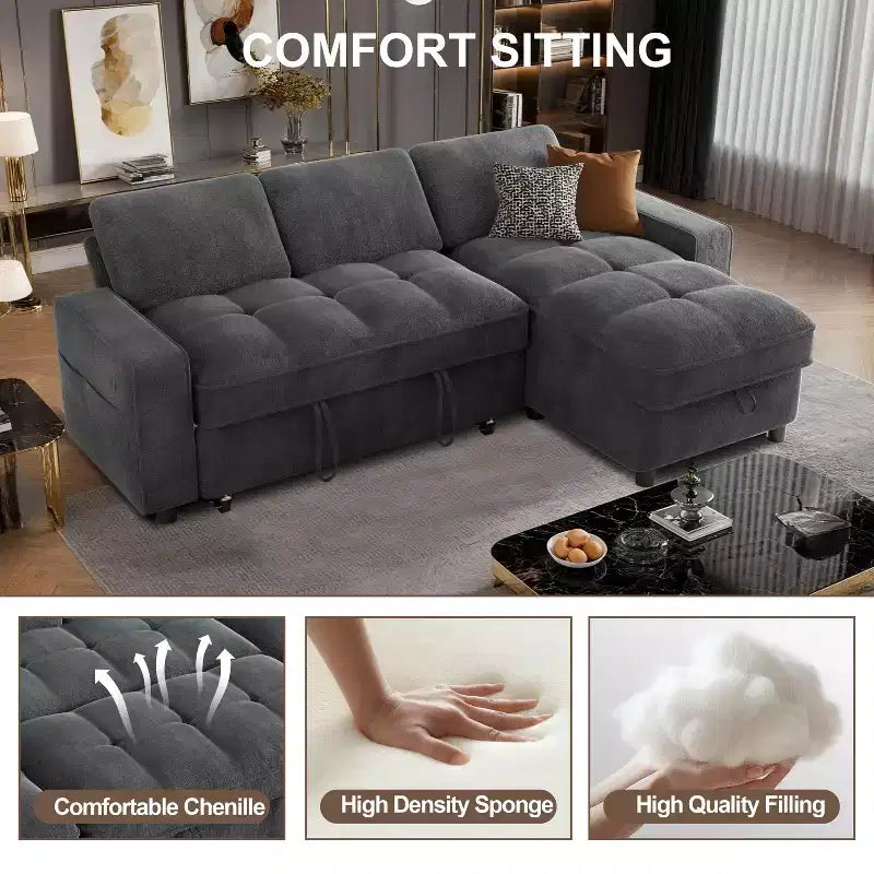 Canapé d'angle avec lit escamotable, méridienne de rangement, dossier réglable et port USB, chenille – Sanzelize Design