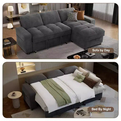 Canapé d'angle avec lit escamotable, méridienne de rangement, dossier réglable et port USB, chenille – Sanzelize Design