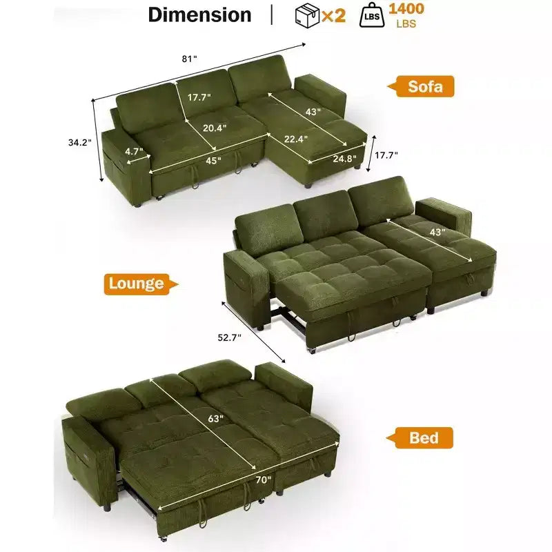 Canapé d'angle avec lit escamotable, méridienne de rangement, dossier réglable et port USB, chenille – Sanzelize Design
