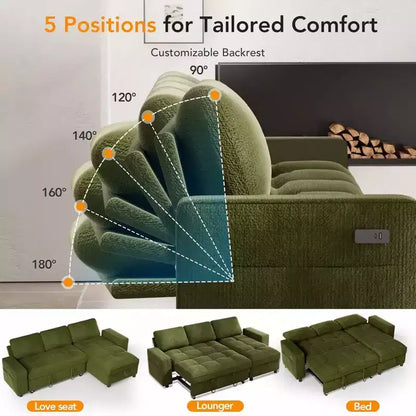 Canapé d'angle avec lit escamotable, méridienne de rangement, dossier réglable et port USB, chenille – Sanzelize Design