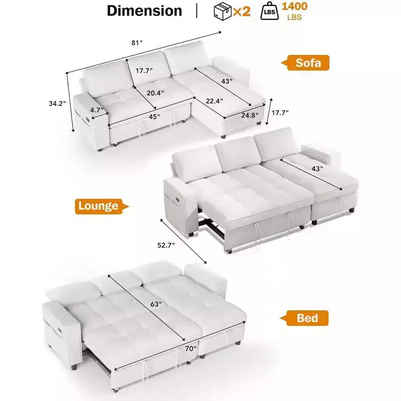 Canapé d'angle avec lit escamotable, méridienne de rangement, dossier réglable et port USB, chenille – Sanzelize Design
