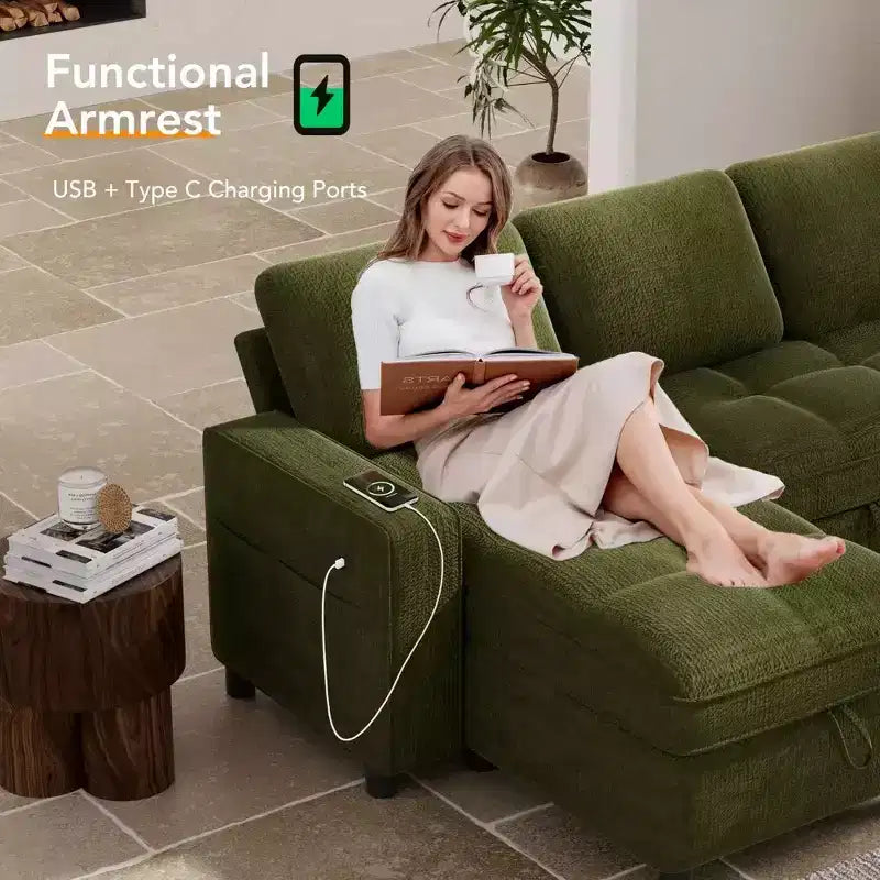 Canapé d'angle avec lit escamotable, méridienne de rangement, dossier réglable et port USB, chenille – Sanzelize Design