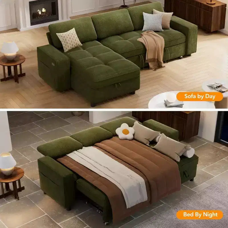 Canapé d'angle avec lit escamotable, méridienne de rangement, dossier réglable et port USB, chenille – Sanzelize Design