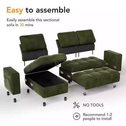 Canapé d'angle avec lit escamotable, méridienne de rangement, dossier réglable et port USB, chenille – Sanzelize Design