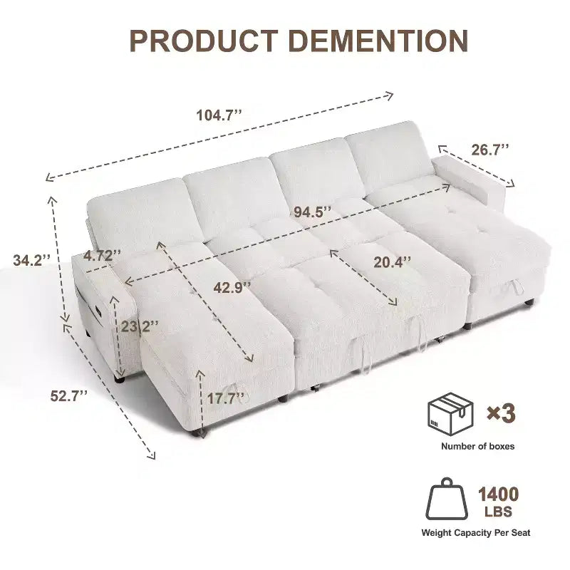Canapé d'angle avec lit escamotable, méridienne de rangement, dossier réglable et port USB, chenille – Sanzelize Design
