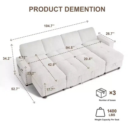 Canapé d'angle avec lit escamotable, méridienne de rangement, dossier réglable et port USB, chenille – Sanzelize Design