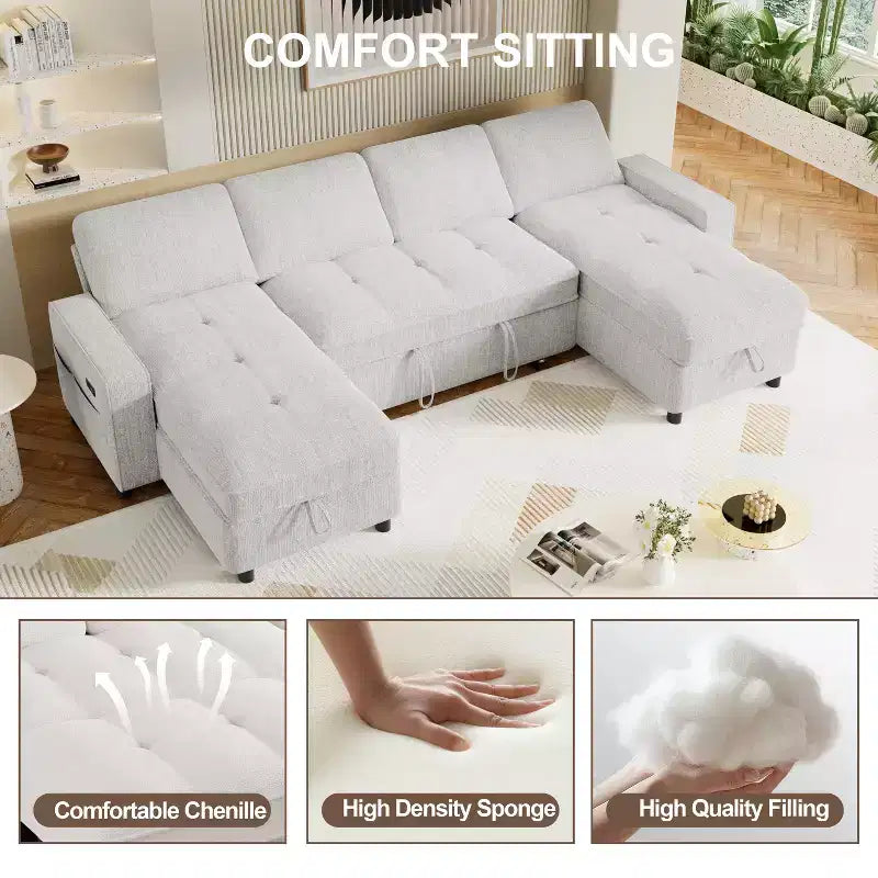 Canapé d'angle avec lit escamotable, méridienne de rangement, dossier réglable et port USB, chenille – Sanzelize Design