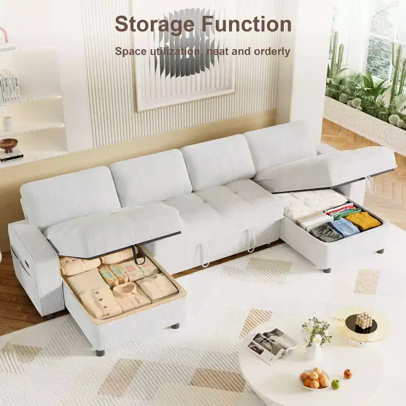 Canapé d'angle avec lit escamotable, méridienne de rangement, dossier réglable et port USB, chenille – Sanzelize Design