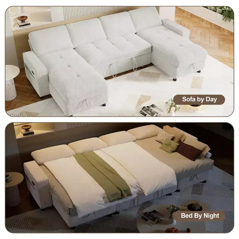 Canapé d'angle avec lit escamotable, méridienne de rangement, dossier réglable et port USB, chenille – Sanzelize Design