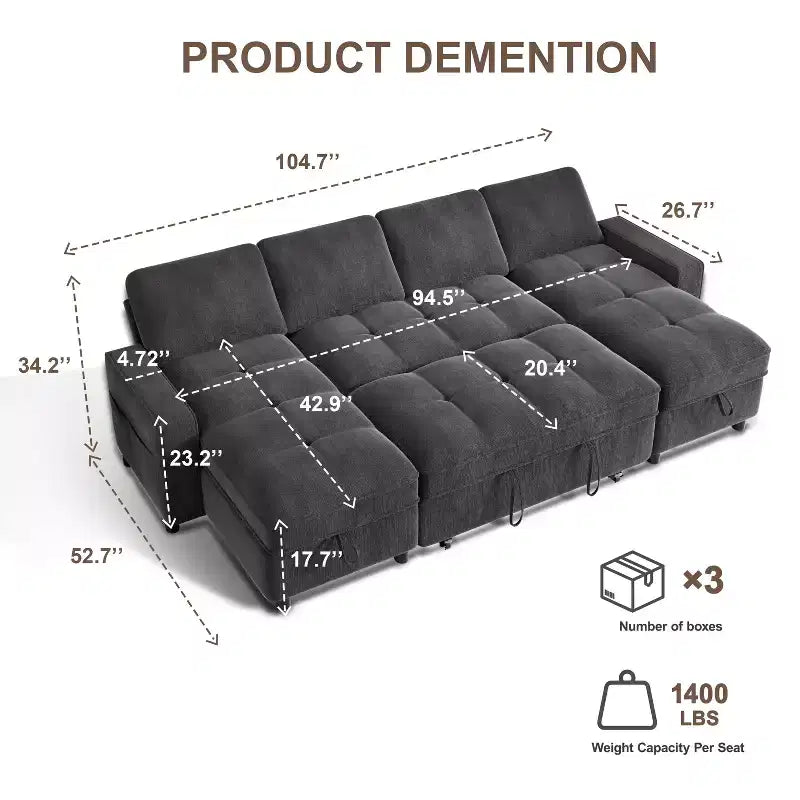 Canapé d'angle avec lit escamotable, méridienne de rangement, dossier réglable et port USB, chenille – Sanzelize Design